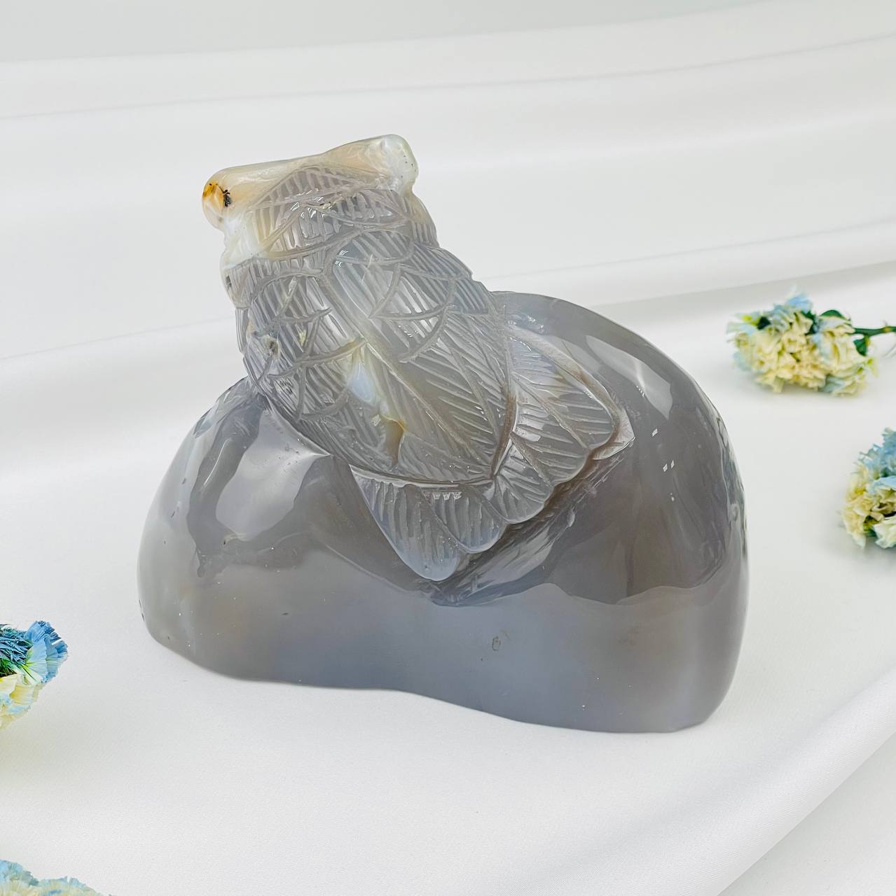 Сова резная из камня Агат серый с жеодой - изображение товара №2