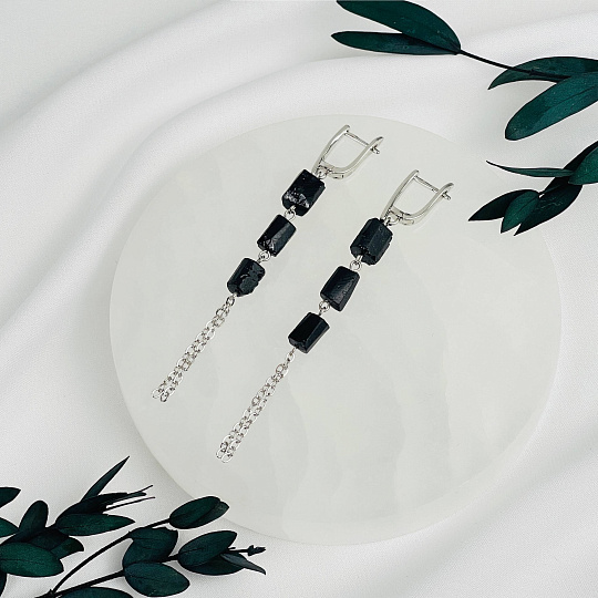 Серьги длинные из черного Турмалина (Шерл), Артикул: 075982 - изображение товара №2