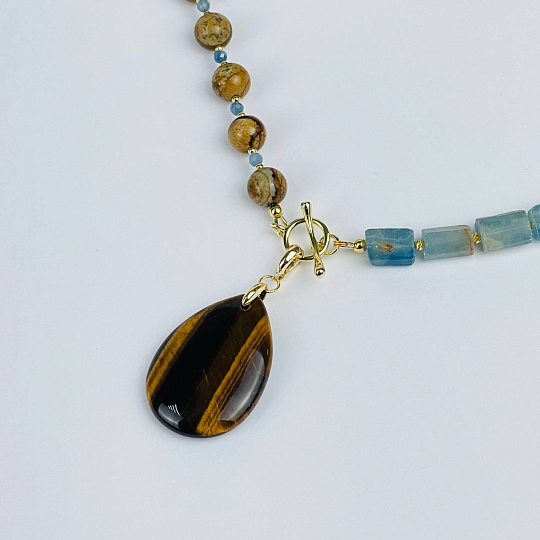 Колье из карибского Кальцита, Яшмы и Тигрового глаза, Артикул: 118282 - изображение товара №2