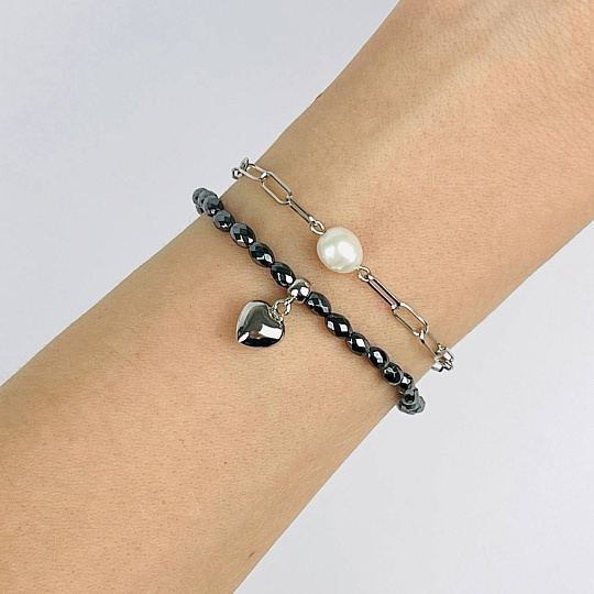 Браслет двойной из Гематита и Жемчуга, Артикул: 118280 - изображение товара №1