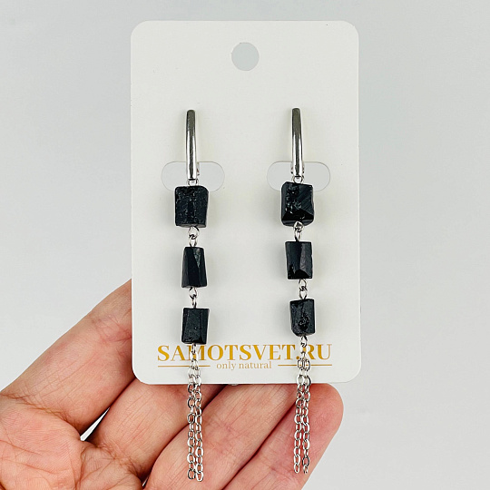 Серьги длинные из черного Турмалина (Шерл), Артикул: 075982 - изображение товара №1