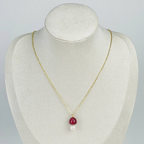 Колье на цепочке Грибочек из Клубничного кварца и Жемчуга
