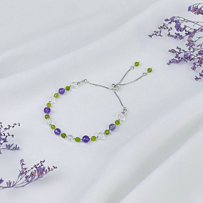 Браслет регулируемый из Аметиста, Горного Хрусталя и Змеевика