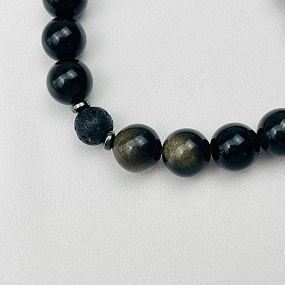 Браслет регулируемый из золотистого Обсидиана и Лавы, Артикул: 105681 - изображение товара №3