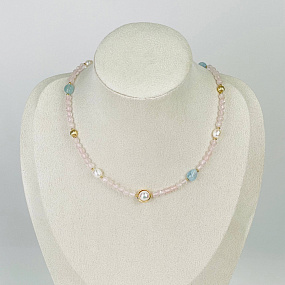 Колье из Розового кварца, Аквамарина и Жемчуга