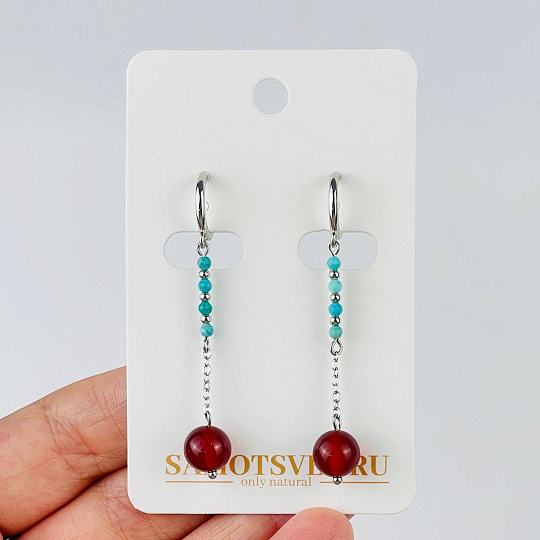 Серьги длинные из Бирюзы и Сердолика, Артикул: 118506 - изображение товара №1