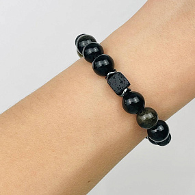 Браслет регулируемый из золотистого Обсидиана и Лавы, Артикул: 105681 - изображение товара №5