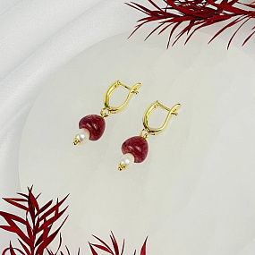 Серьги из Клубничного кварца и Жемчуга, Артикул: 118333 - изображение товара №2