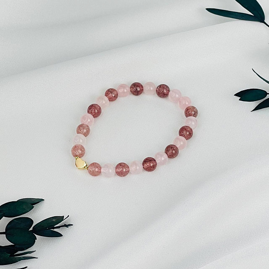 Браслет из Клубничного и Розового кварца со вставкой сердце, Артикул: 118530 - изображение товара №2