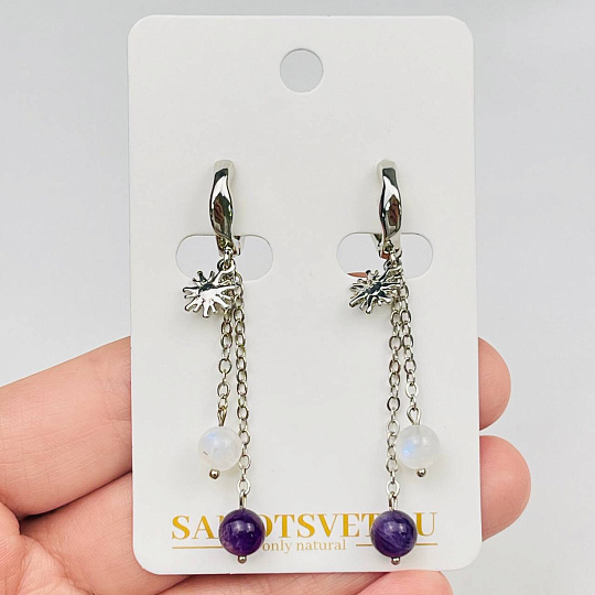 Серьги на цепочке из Аметиста и Лунного камня, Артикул: 109293 - изображение товара №1