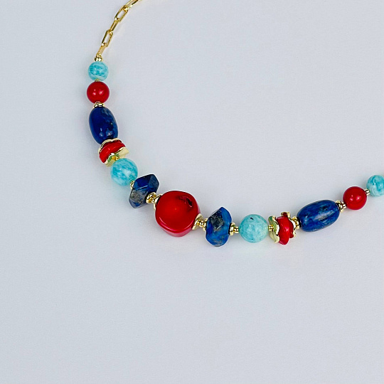 Колье из Коралла, Лазурита и Амазонита, Артикул: 117155 - изображение товара №2