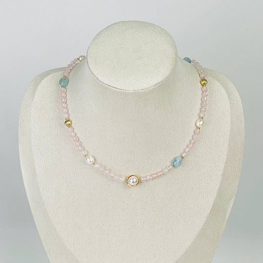 Колье из Розового кварца, Аквамарина и Жемчуга, Артикул: 116821 - изображение товара №1