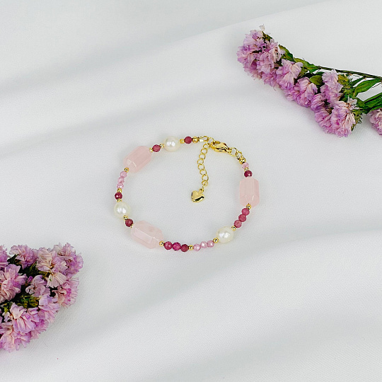 Браслет из Розового кварца, Турмалина и Жемчуга, Артикул: 117196 - изображение товара №1
