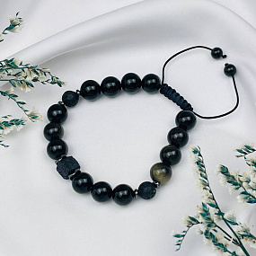 Браслет регулируемый из золотистого Обсидиана и Лавы, Артикул: 105681 - изображение товара №1