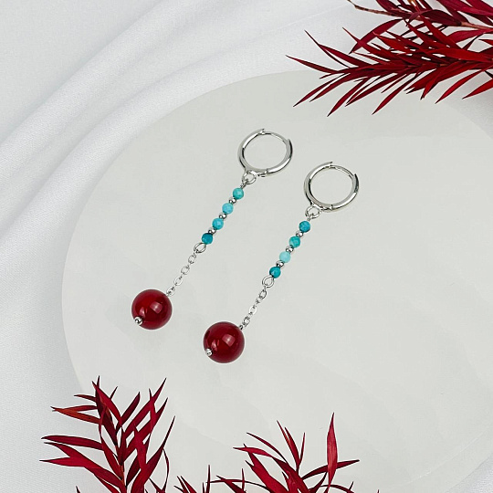 Серьги длинные из Бирюзы и Сердолика, Артикул: 118506 - изображение товара №2