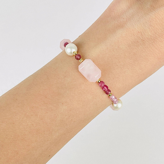 Браслет из Розового кварца, Турмалина и Жемчуга, Артикул: 117196 - изображение товара №2
