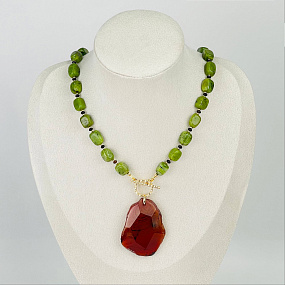 Колье из Змеевика (Серпентинит), Агата и Сердолика, Артикул: 116815 - изображение товара №1