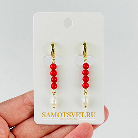 Серьги длинные из Коралла и Жемчуга