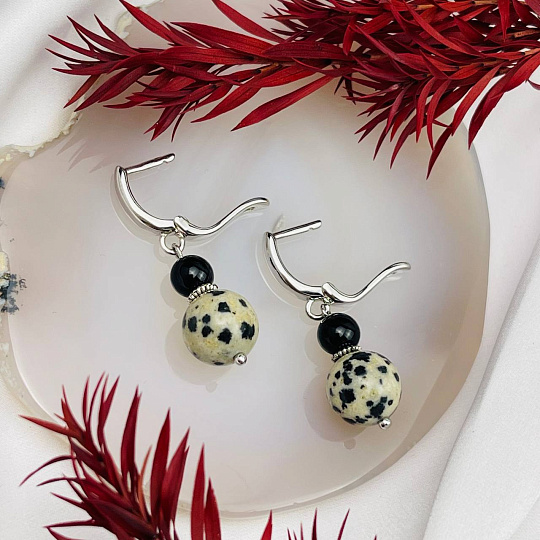 Серьги двойные из черного Агата и перепелиной Яшмы, Артикул: 104981 - изображение товара №3