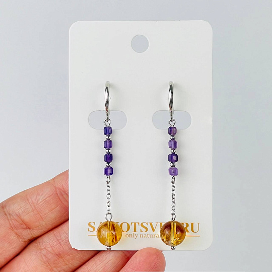 Серьги длинные из Аметиста и Цитрина, Артикул: 118507 - изображение товара №1