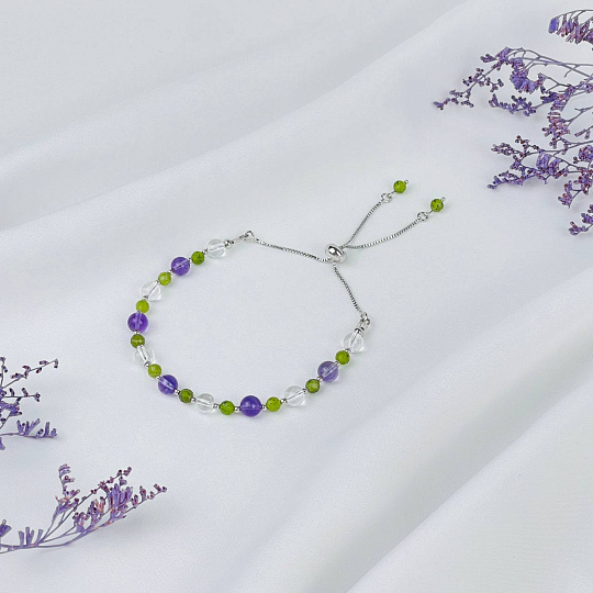 Браслет регулируемый из Аметиста, Горного Хрусталя и Змеевика, Артикул: 117982 - изображение товара №1