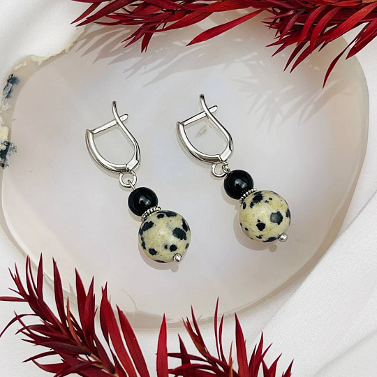 Серьги двойные из черного Агата и перепелиной Яшмы, Артикул: 104981 - изображение товара №2