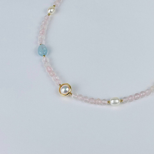 Колье из Розового кварца, Аквамарина и Жемчуга, Артикул: 116821 - изображение товара №2