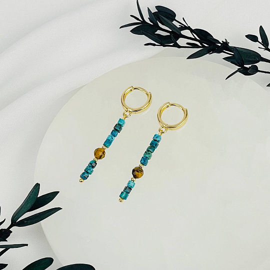 Серьги длинные из Хризоколлы и Тигрового глаза, Артикул: 116833 - изображение товара №2