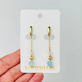 Серьги на цепочке из Розового кварца и Аквамарина, Артикул: 116858 - изображение товара №2