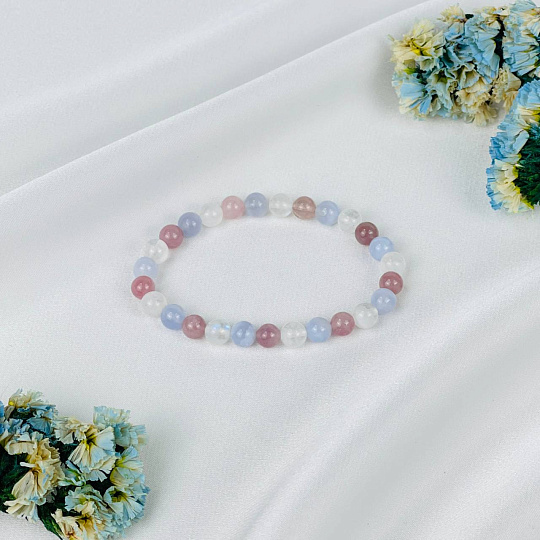 Браслет из Лунного камня, Голубого агата и Розового кварца, Артикул: 118265 - изображение товара №2