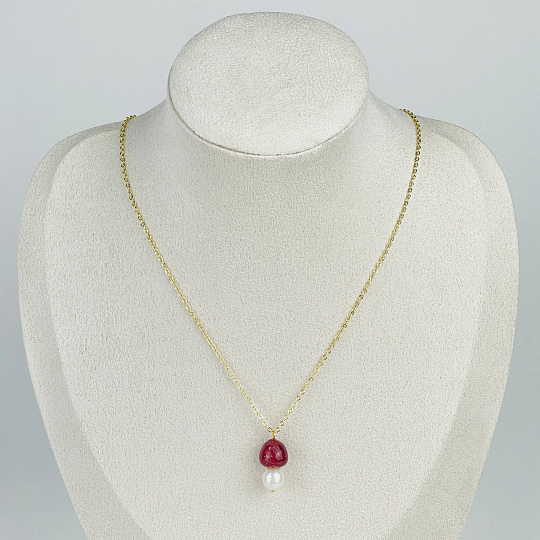 Колье на цепочке Грибочек из Клубничного кварца и Жемчуга, Артикул: 117750 - изображение товара №1