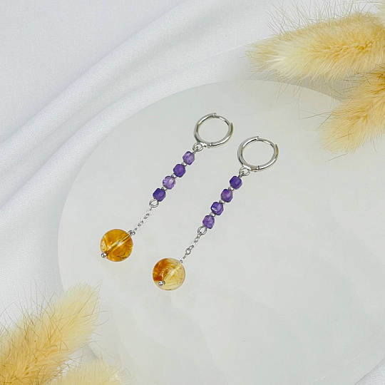 Серьги длинные из Аметиста и Цитрина, Артикул: 118507 - изображение товара №2