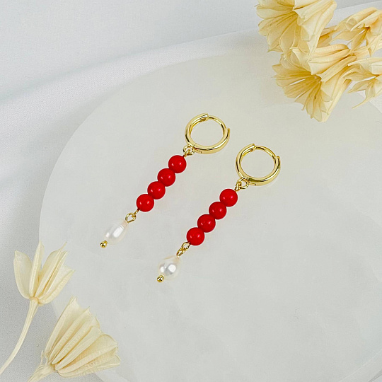 Серьги длинные из Коралла и Жемчуга, Артикул: 117627 - изображение товара №2