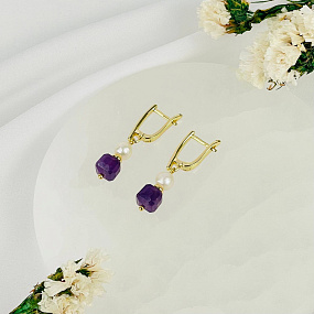 Серьги двойные из Аметиста и Жемчуга, Артикул: 116862 - изображение товара №2