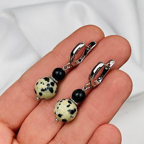 Серьги двойные из черного Агата и перепелиной Яшмы