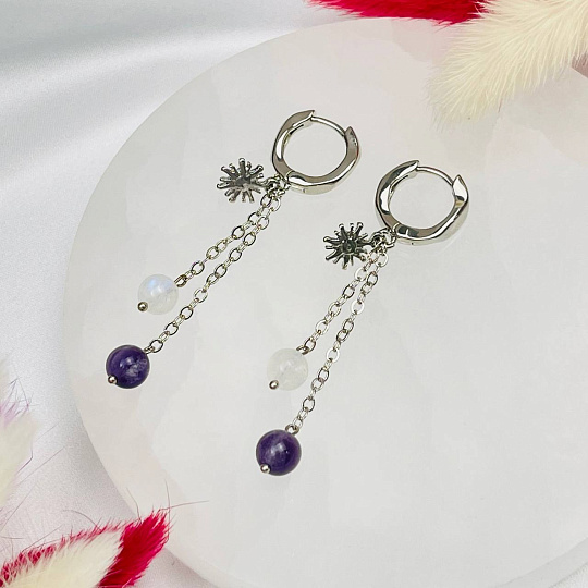 Серьги на цепочке из Аметиста и Лунного камня, Артикул: 109293 - изображение товара №2