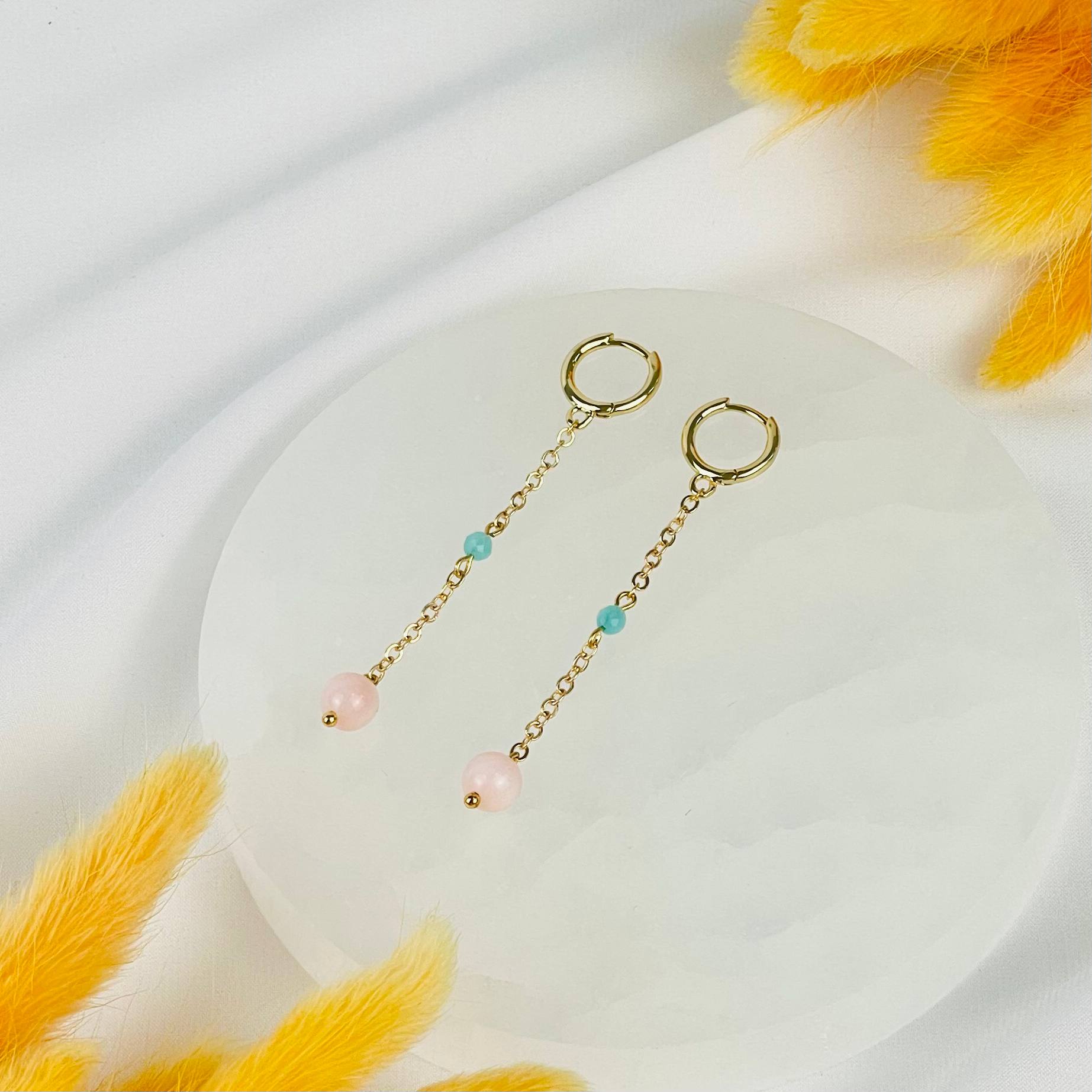 Серьги на цепочке из розового Опала и Амазонита - изображение товара №2
