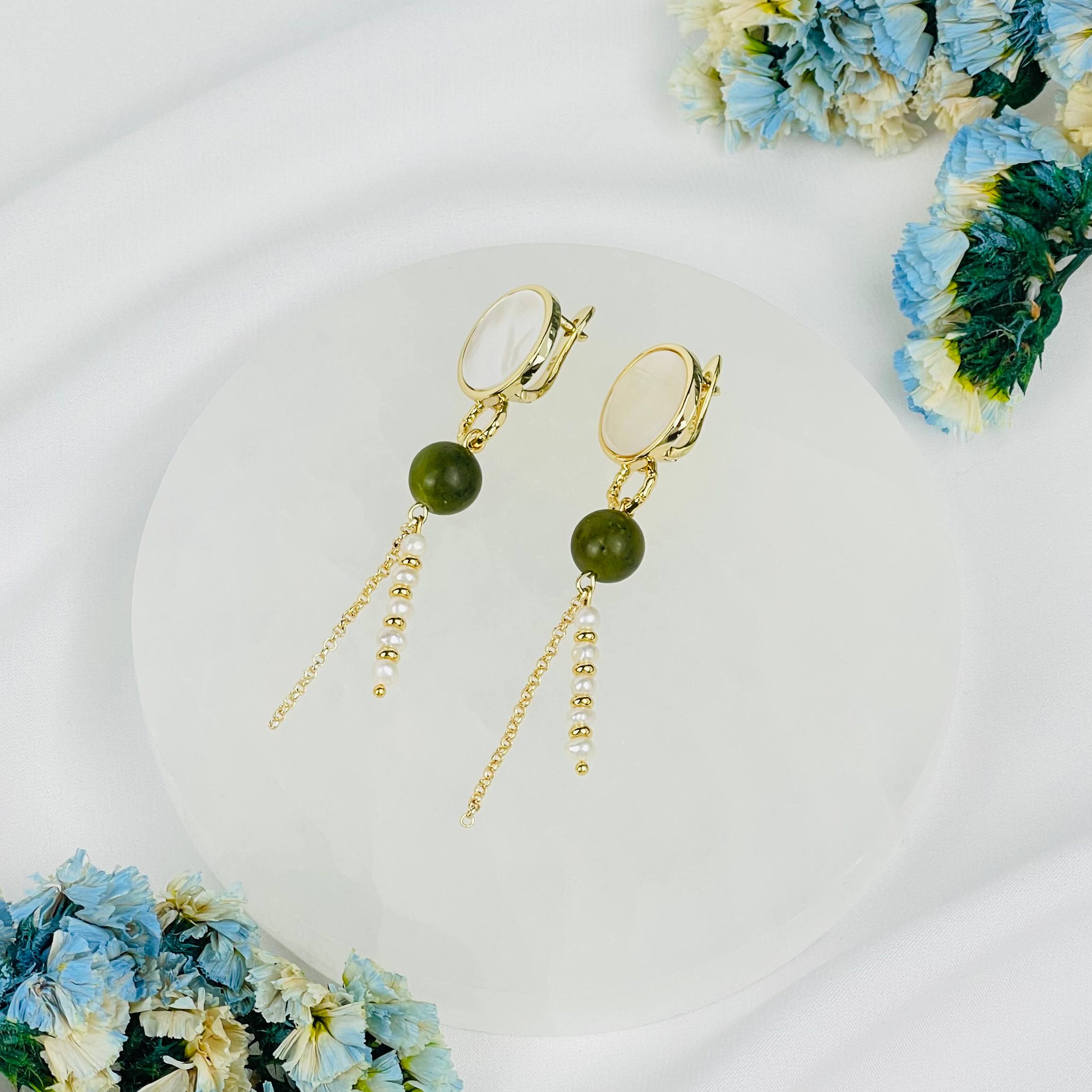 Серьги длинные из Жемчуга, Змеевика и Перламутра - изображение товара №2