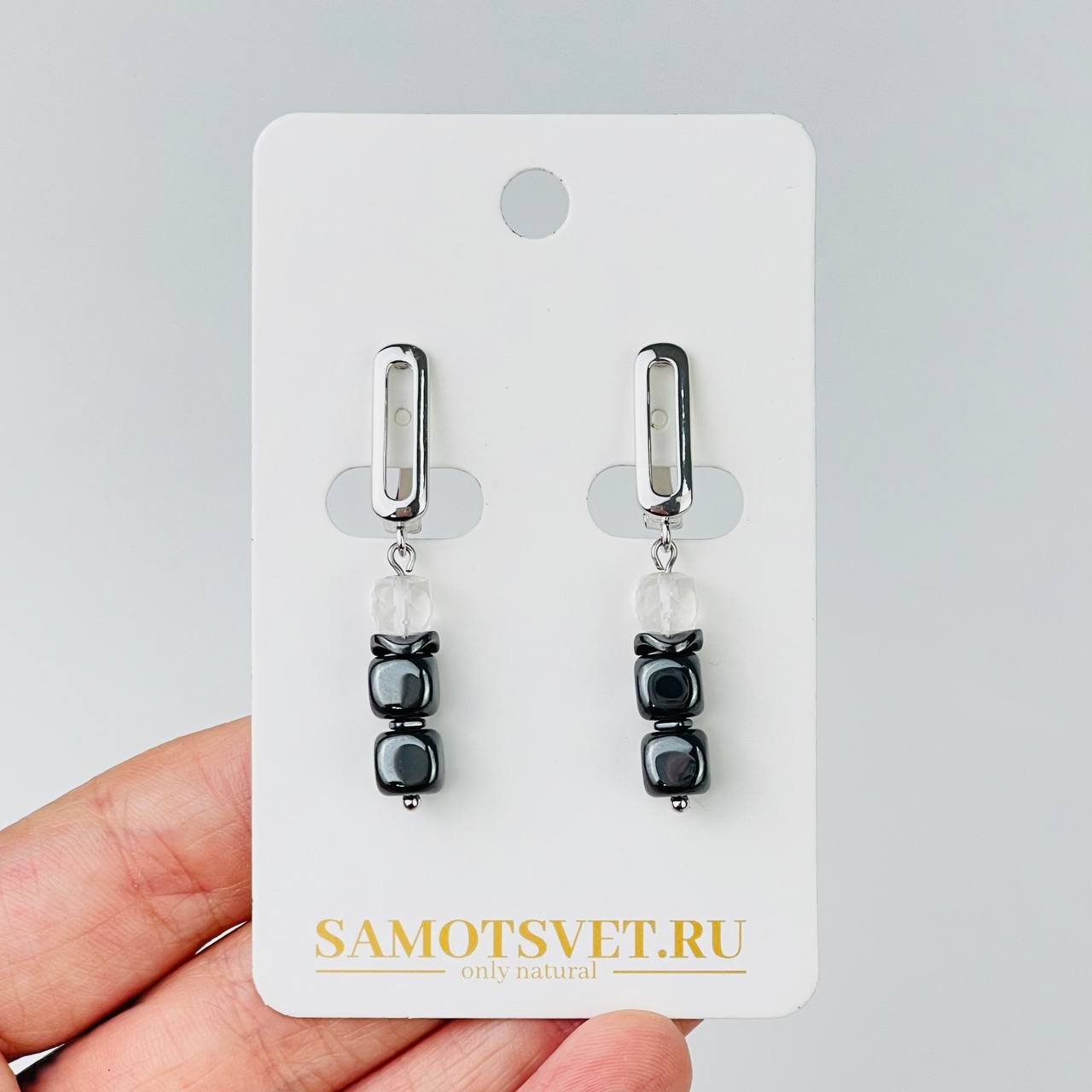 Серьги из Гематита и Горного Хрусталя - изображение товара №1
