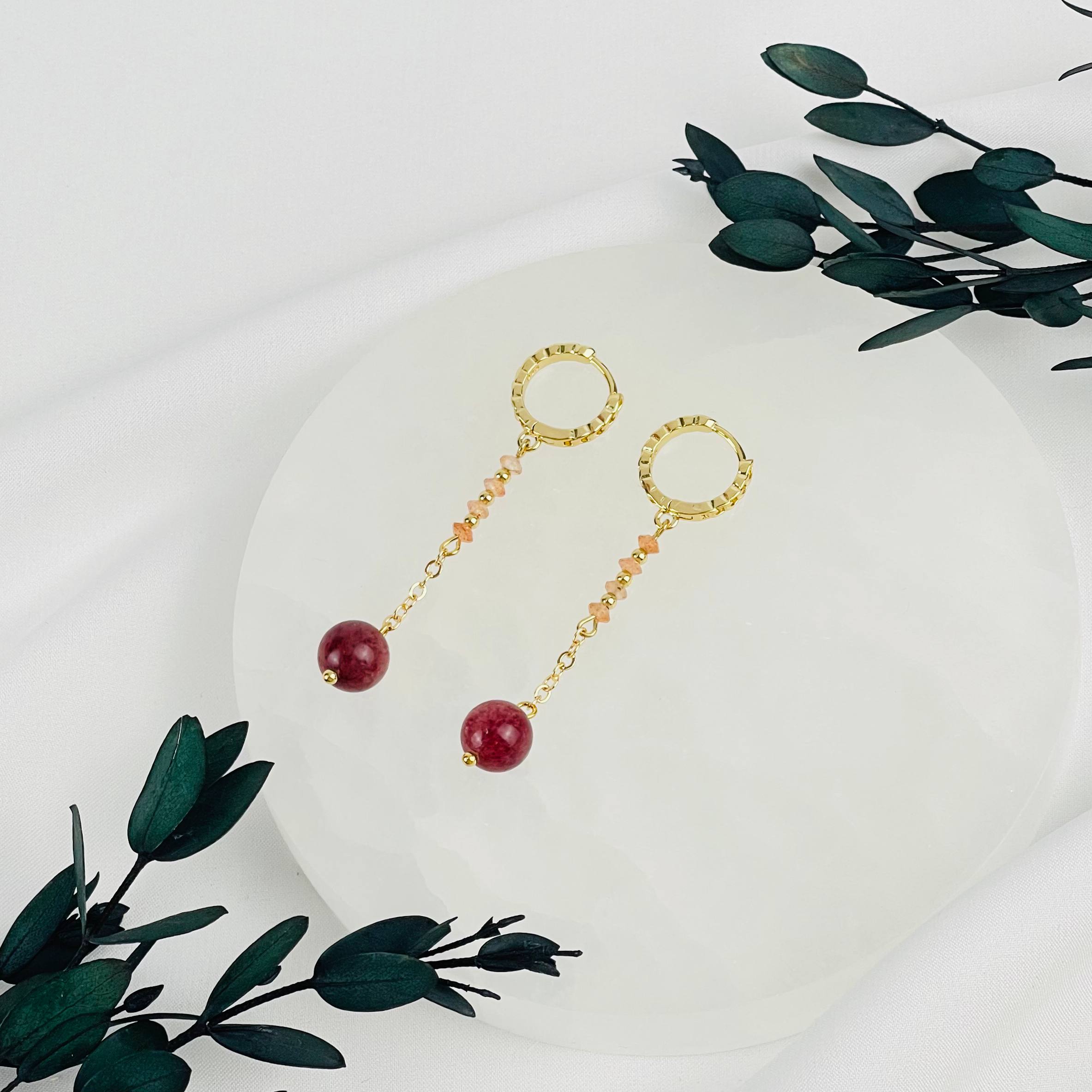 Серьги длинные из Клубничного кварца и Солнечного камня - изображение товара №2