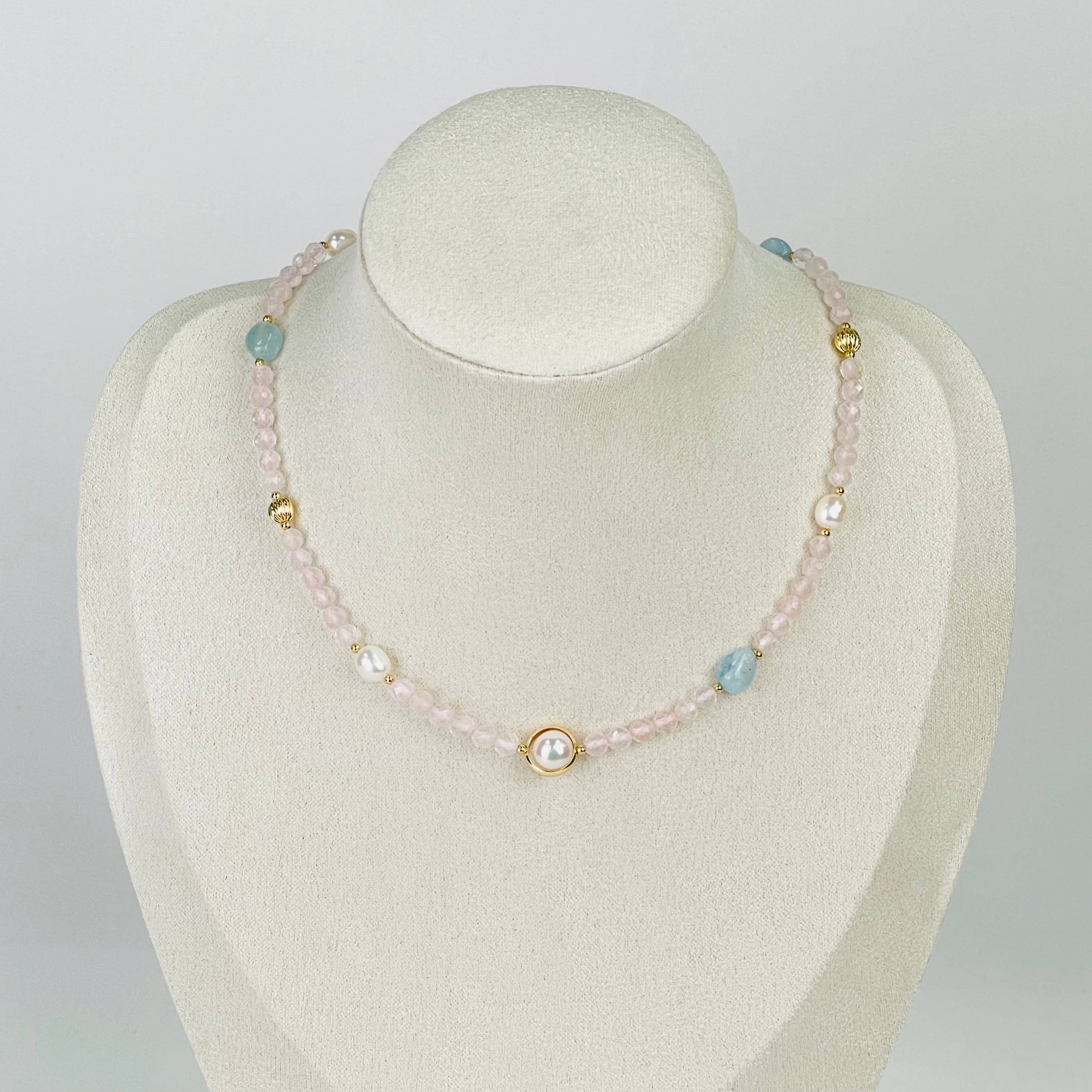 Колье из Розового кварца, Аквамарина и Жемчуга - изображение товара №1