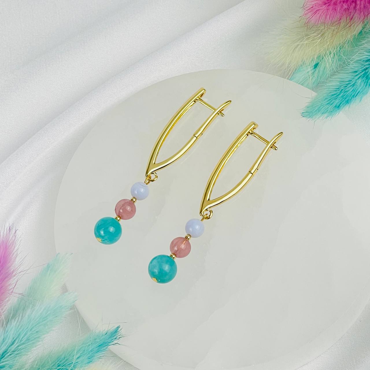 Серьги из Амазонита, Розового кварца и Голубого агата - изображение товара №2