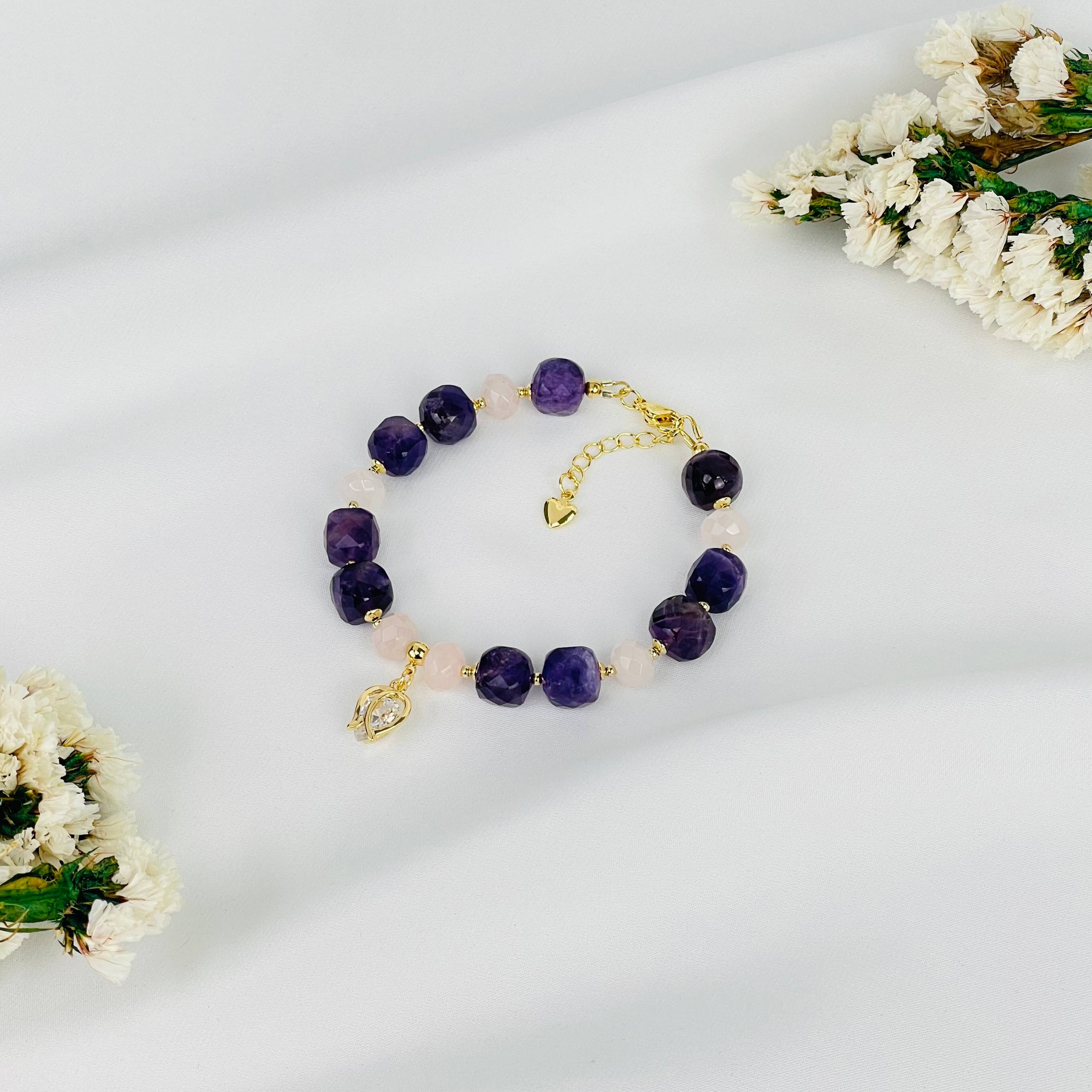 Браслет из Аметиста и Розового кварца с подвеской - изображение товара №1