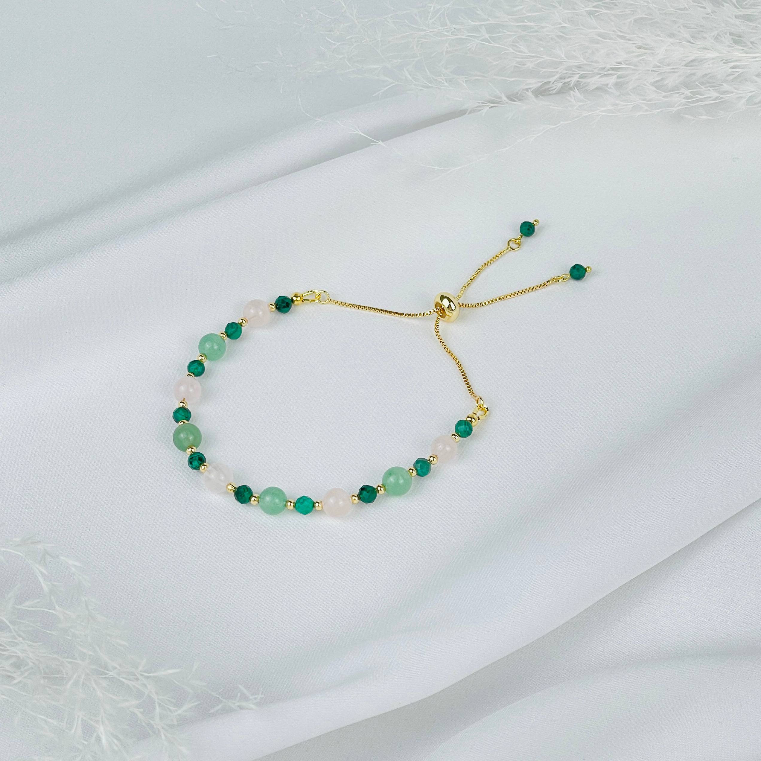 Браслет (Анахата) регулируемый из Малахита, Розового кварца и Авантюрина - изображение товара №1