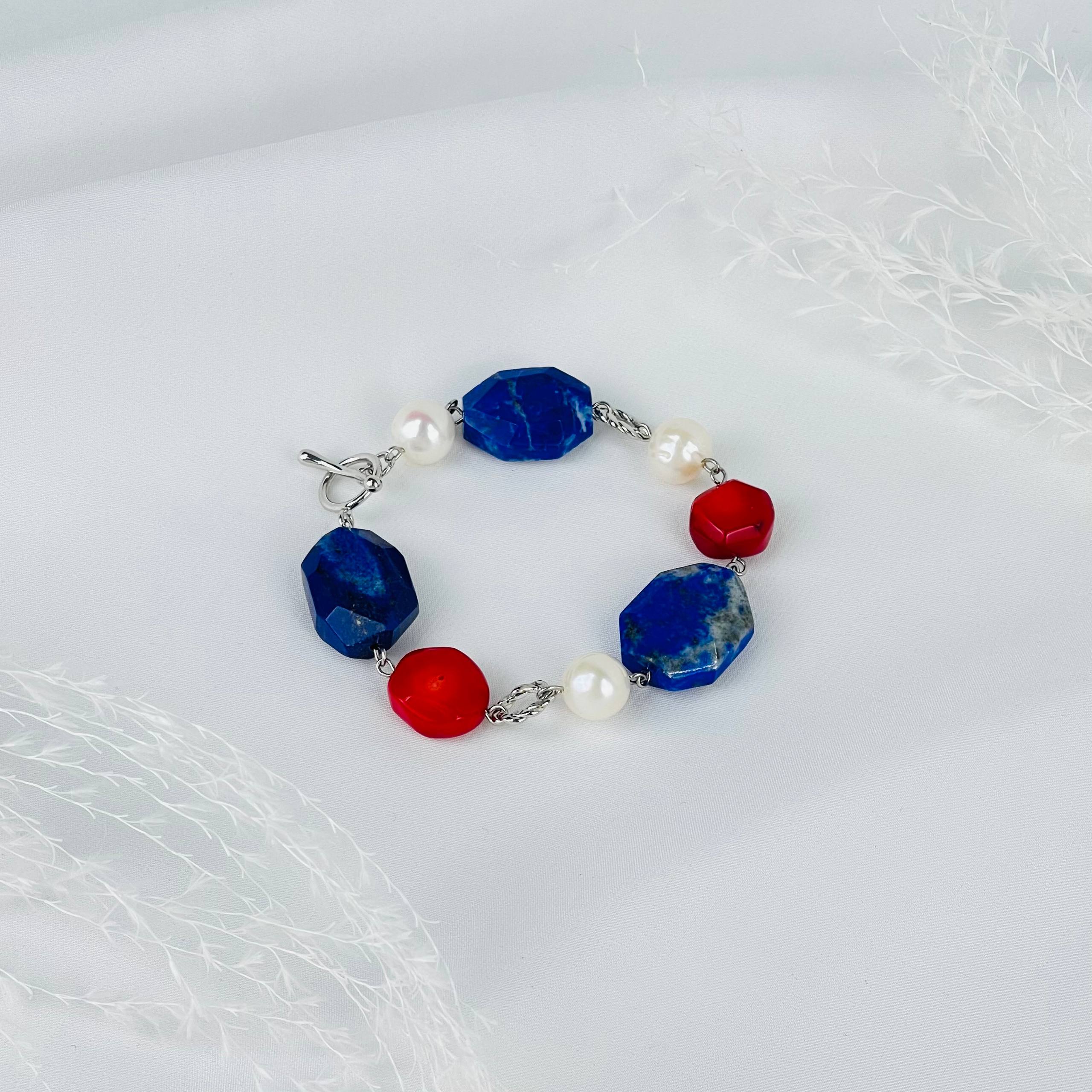 Браслет из Лазурита, Жемчуга и Коралла - изображение товара №1