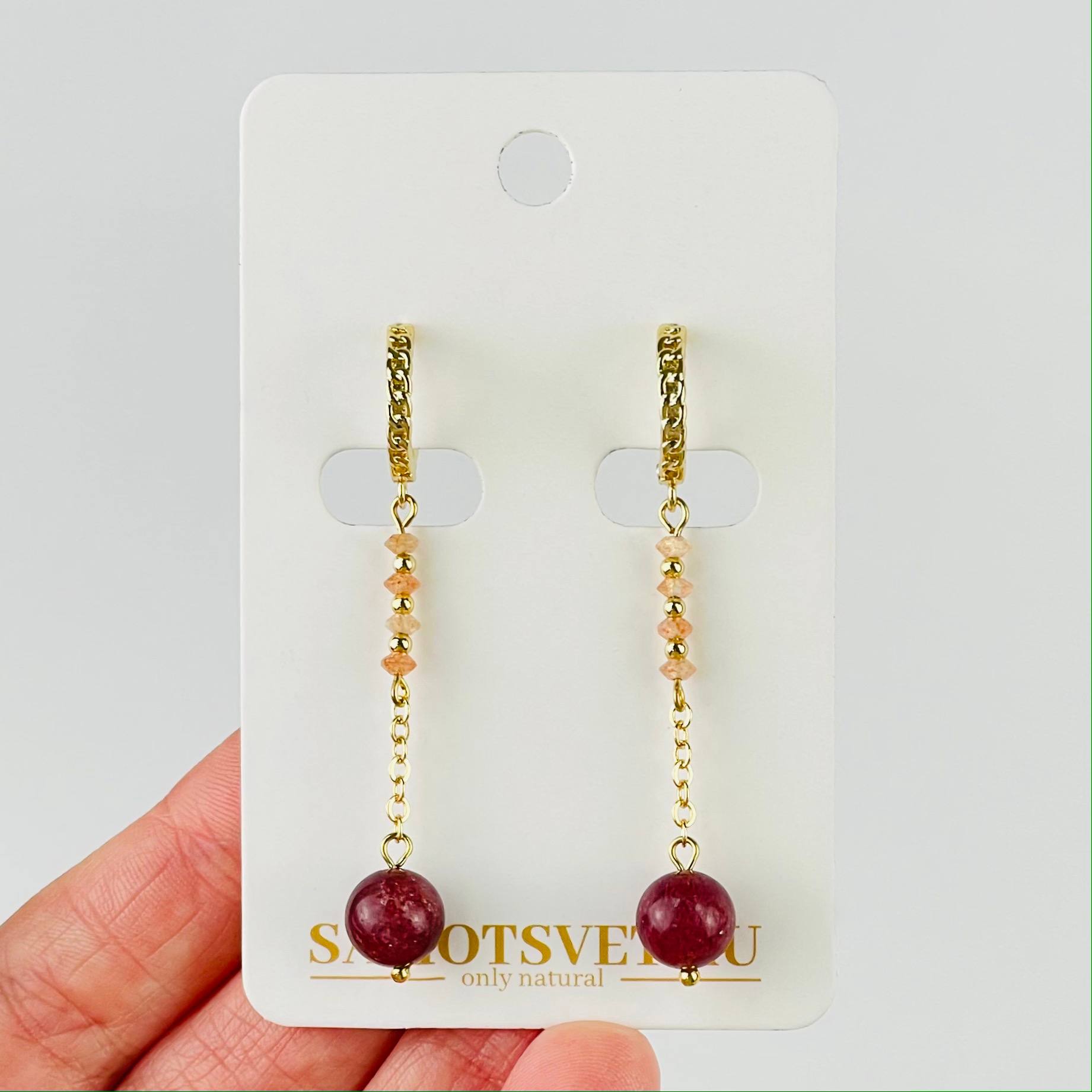 Серьги длинные из Клубничного кварца и Солнечного камня - изображение товара №1