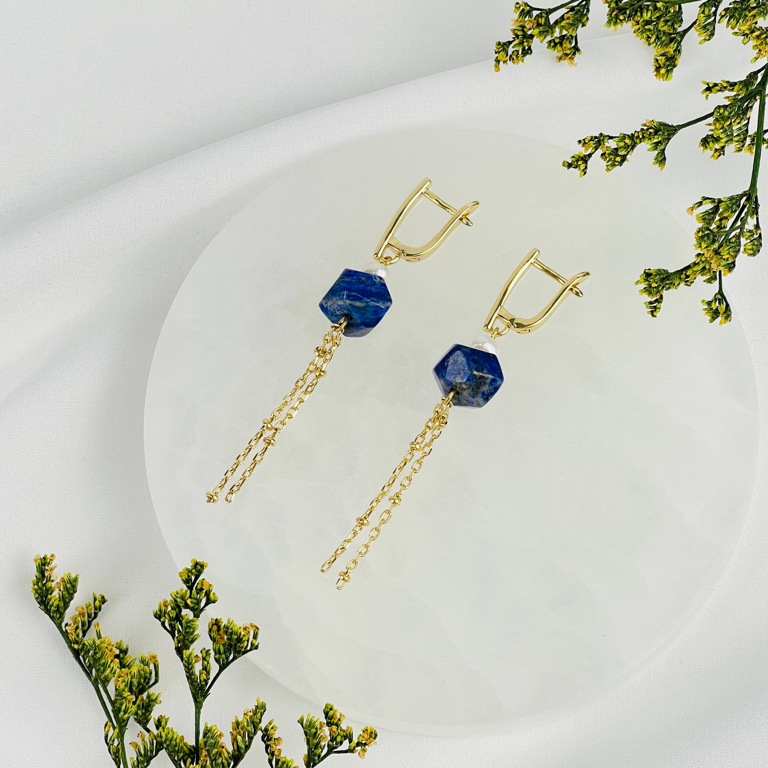 Серьги из Лазурита и Жемчуга с цепочкой - изображение товара №2