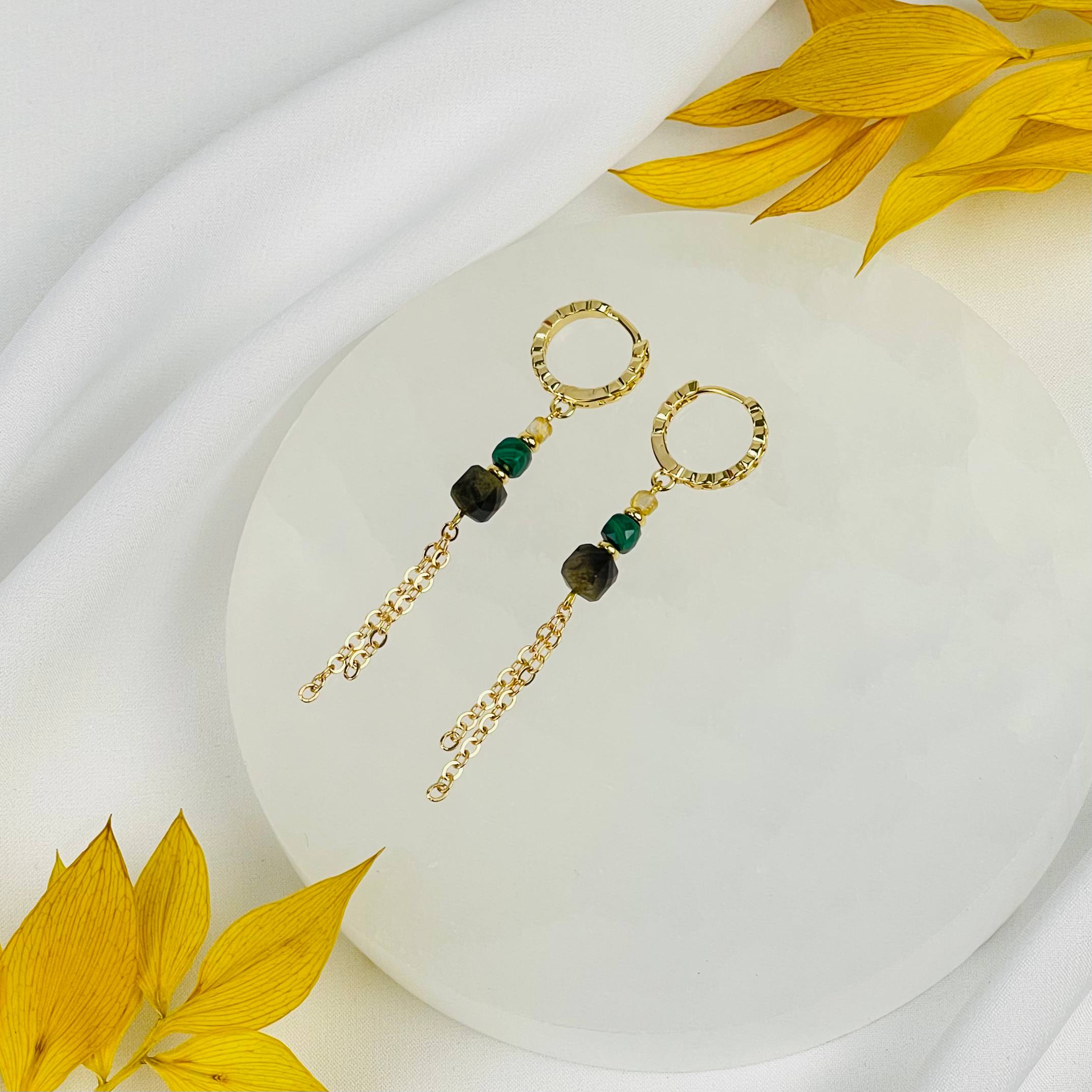 Серьги из золотистого Обсидиана, Малахита и Рутилового кварца - изображение товара №2