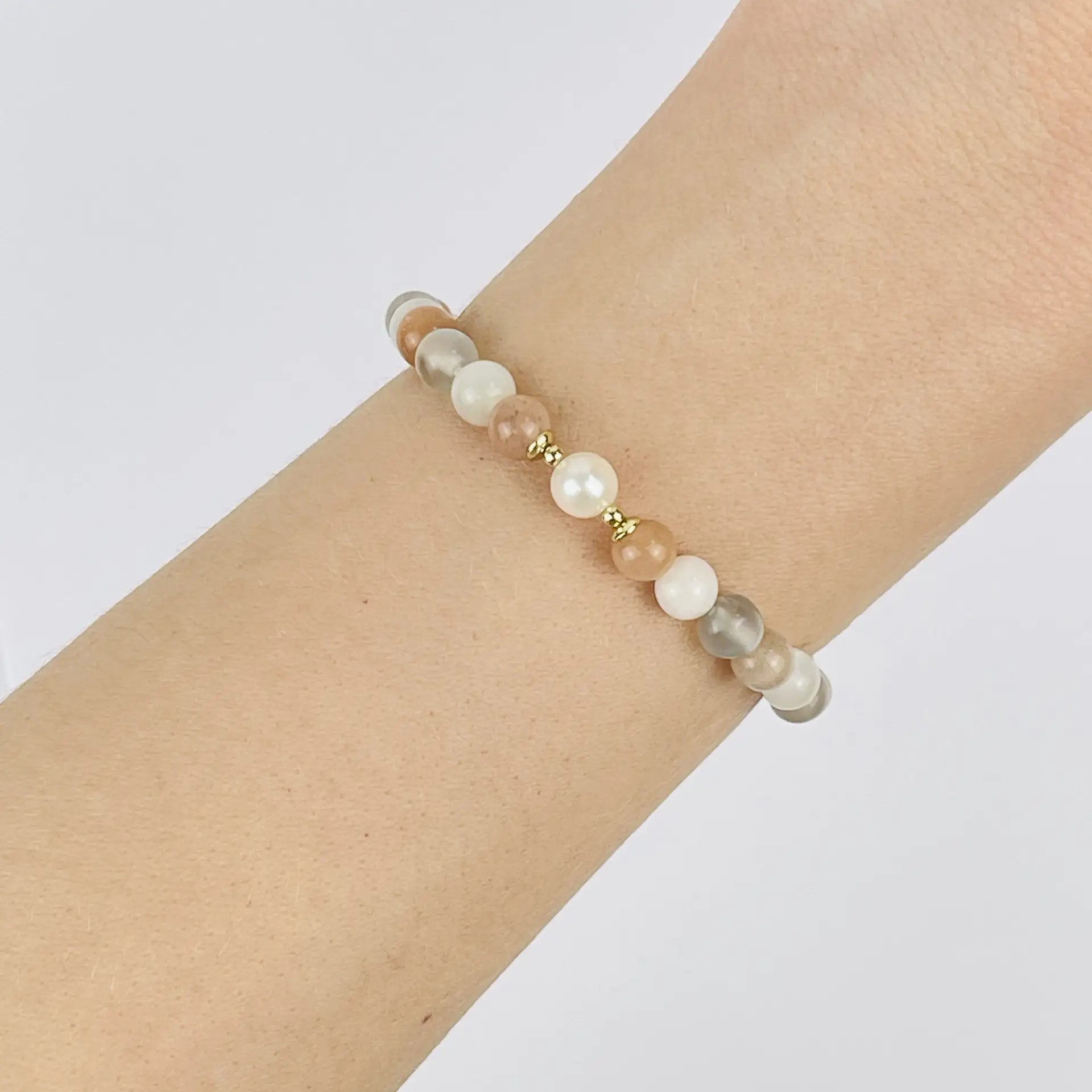 Браслет из Лунного камня микс и Жемчуга - изображение товара №0