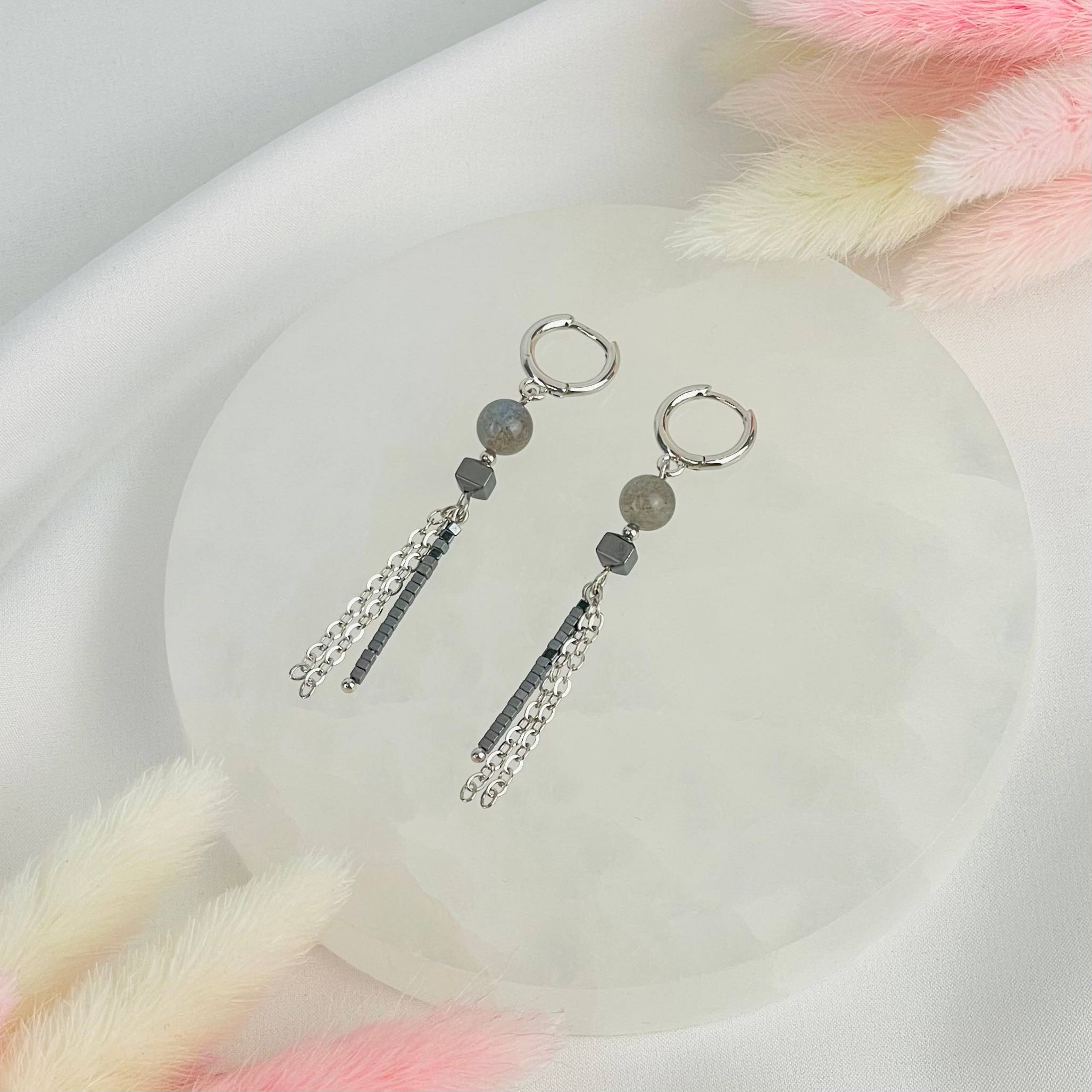 Серьги длинные из Лабрадора и Гематита - изображение товара №2